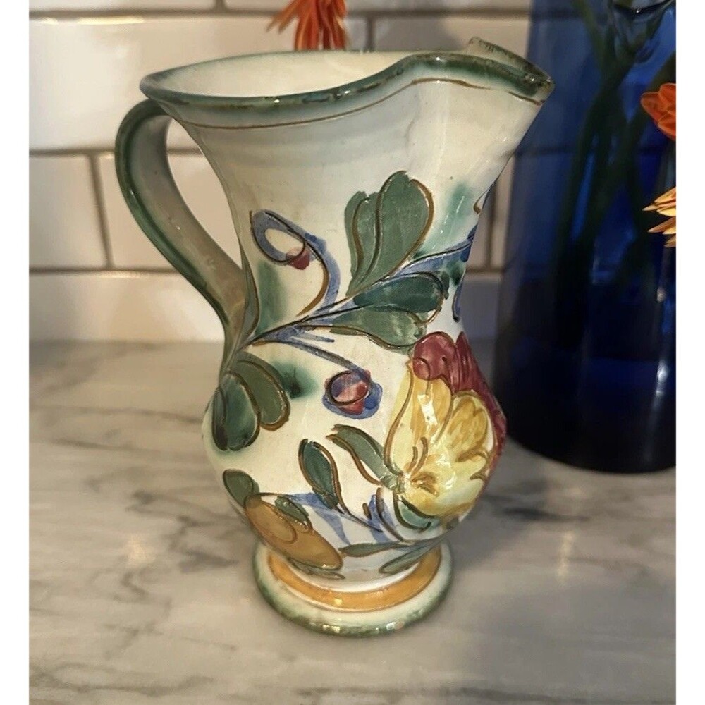 Vintage Deruta 6" Floral Pitcher Vase Italian Rare Rustic Hand Painted Cottage